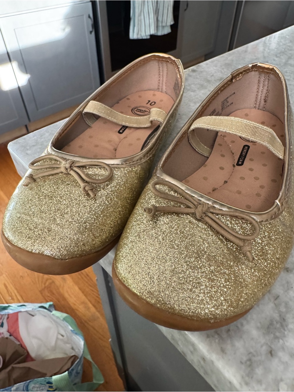 Girls' Gold Glitter Mary Jane Flats with Elastic Strap